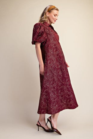 Puff Sleeve Pleated Lurex Midi Dress