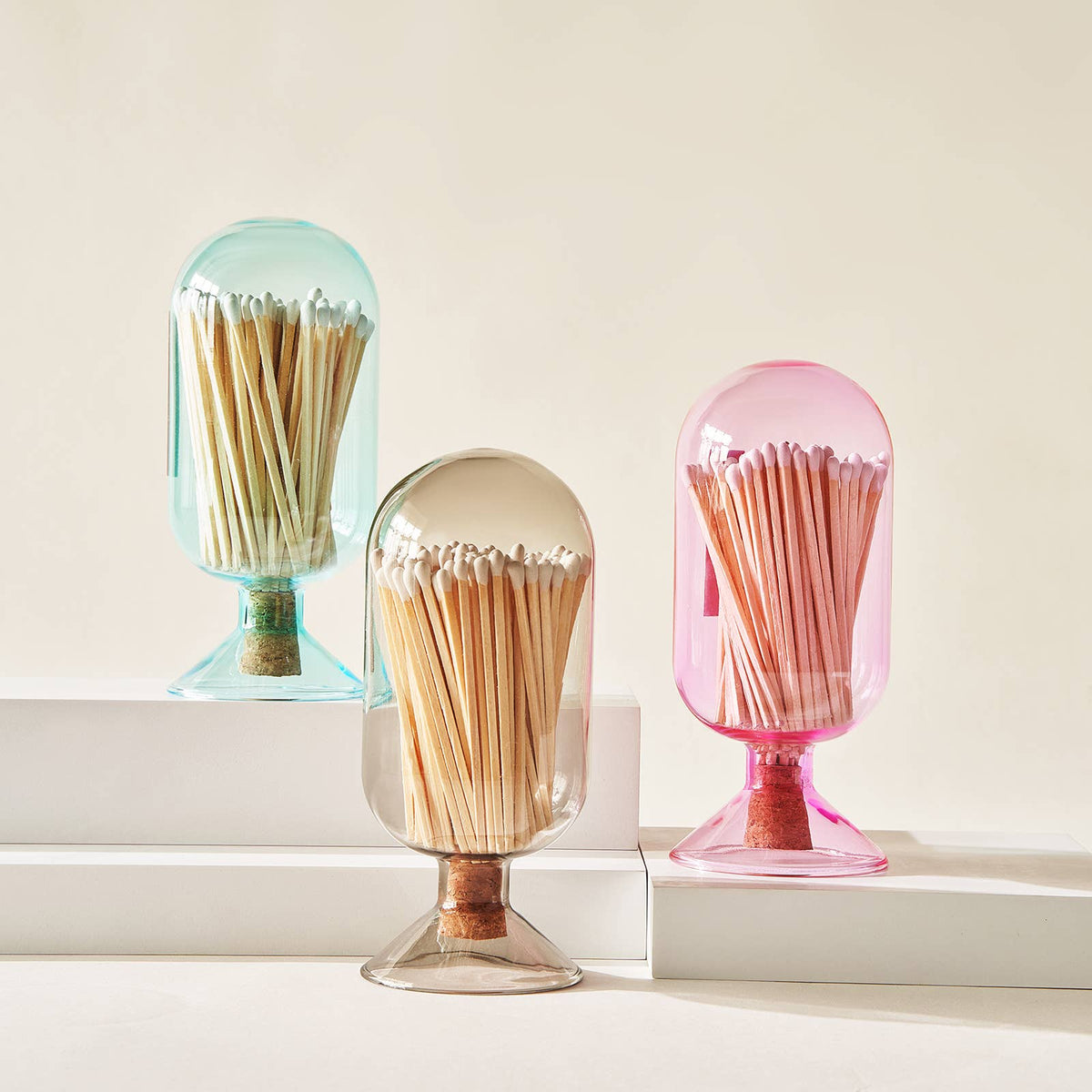 Pink Glass Match Cloche | 100 Match Sticks with Cork Stopper