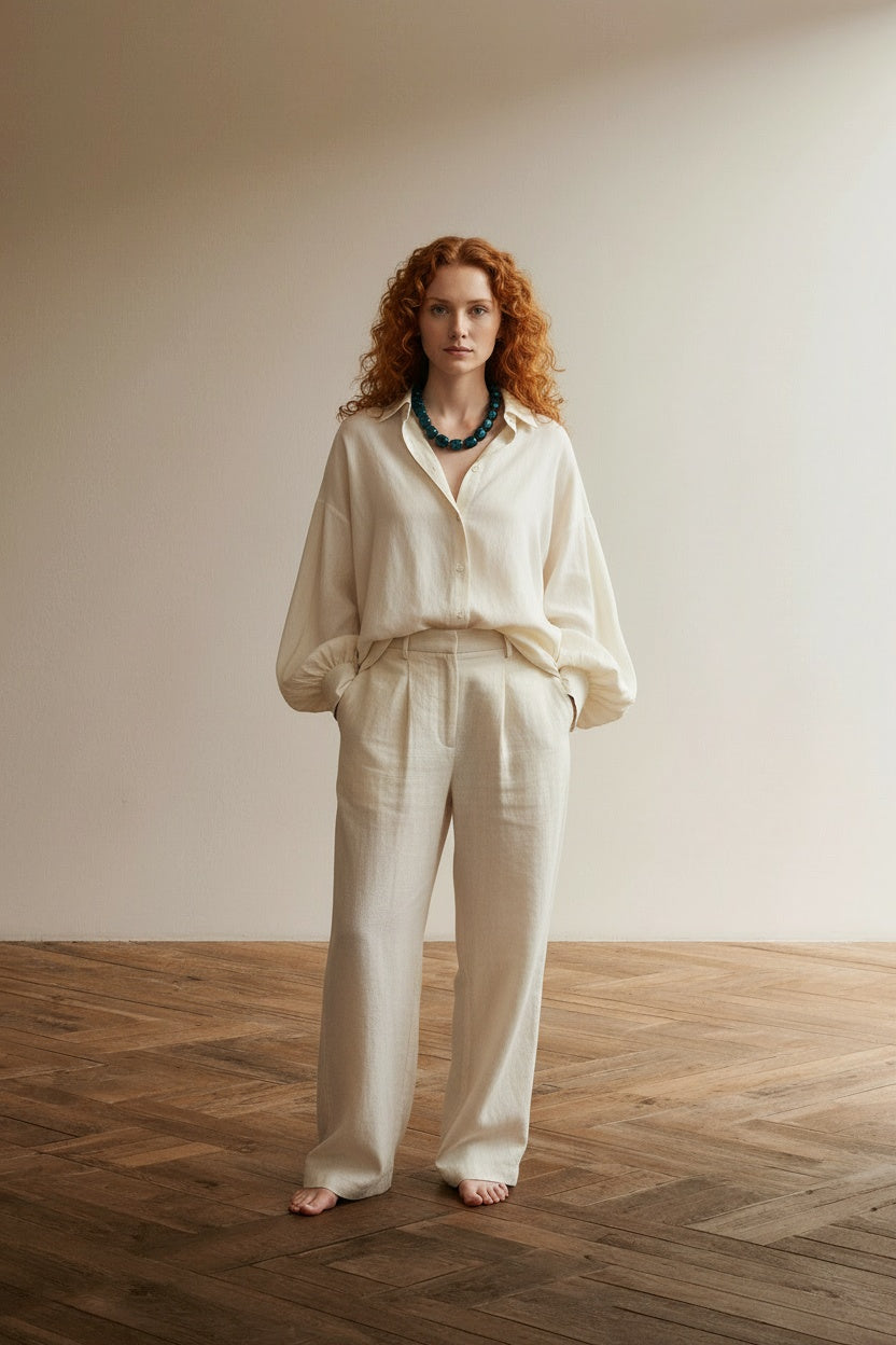 Full body view of the model wearing Beaded Forest Green Necklace