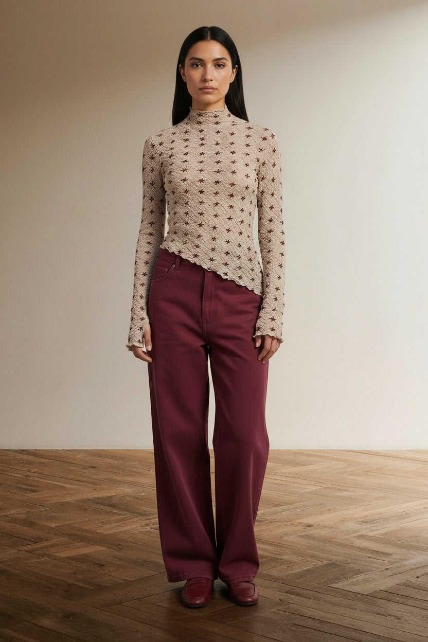 Full body view of the model wearing Asymmetrical Long Sleeve Top