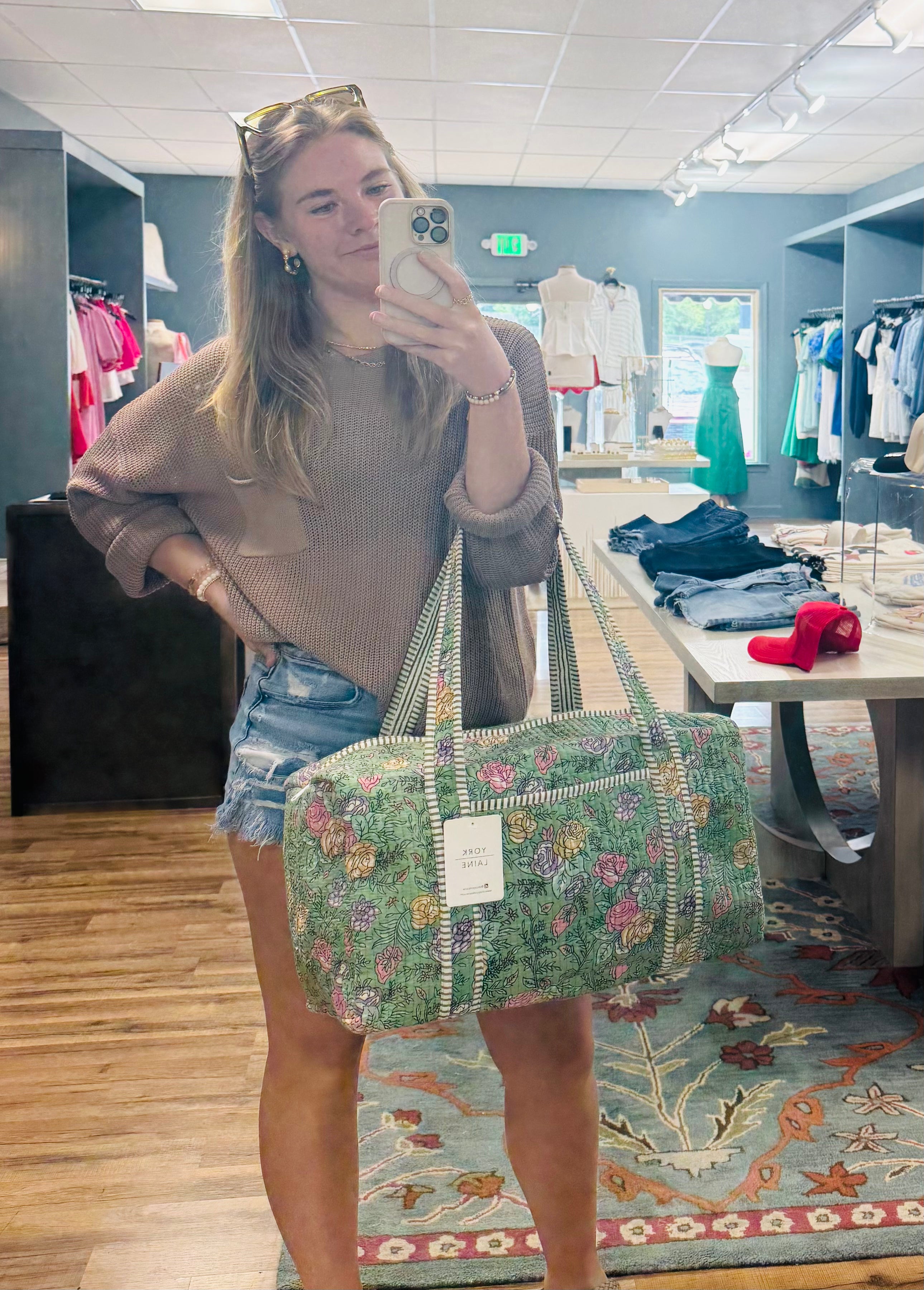 Handmade Quilted Cotton Duffle Bag, Block Printed Floral Weekender - Mint Floral
