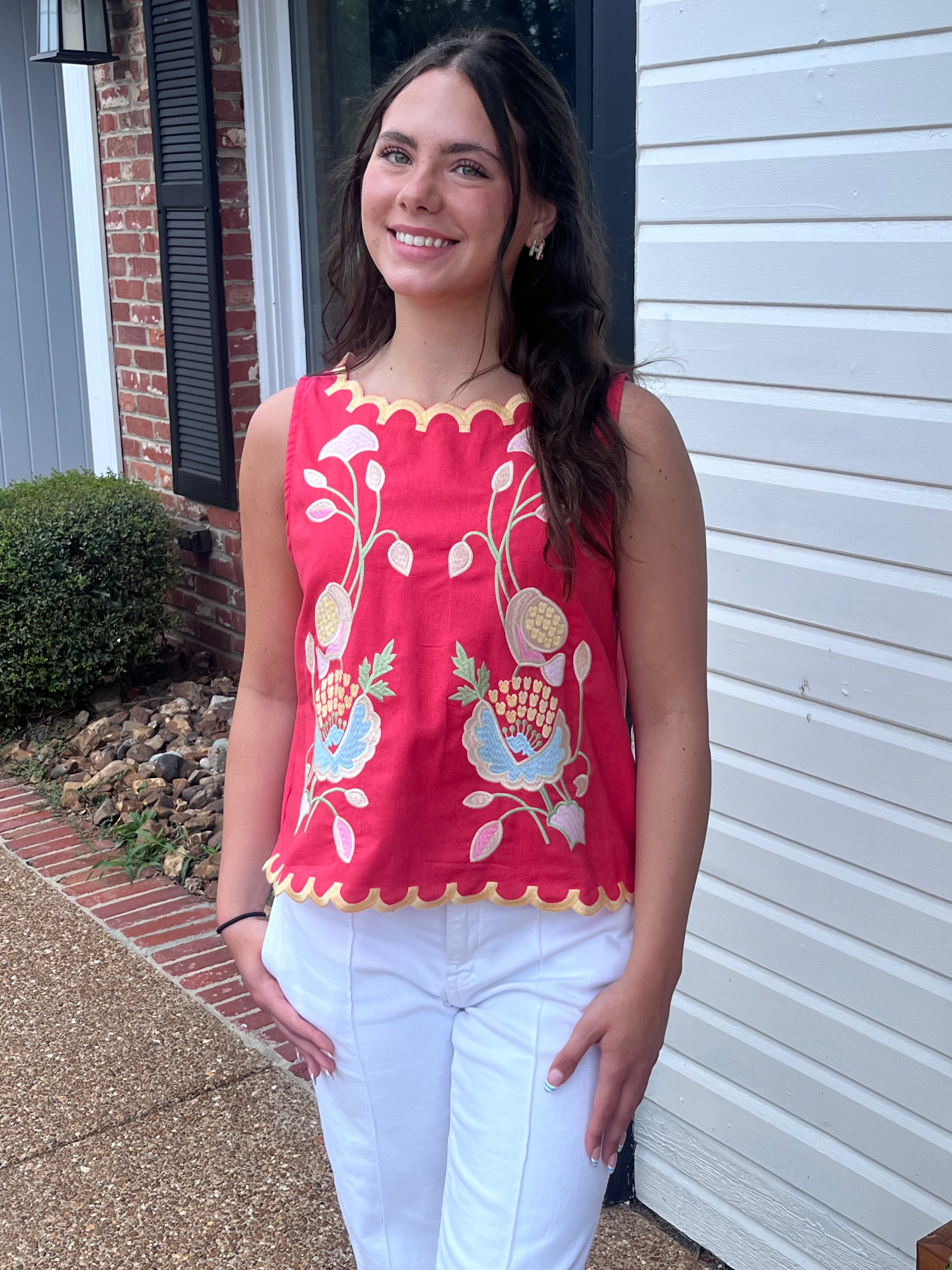 Floral Embroidery Scalloped Top