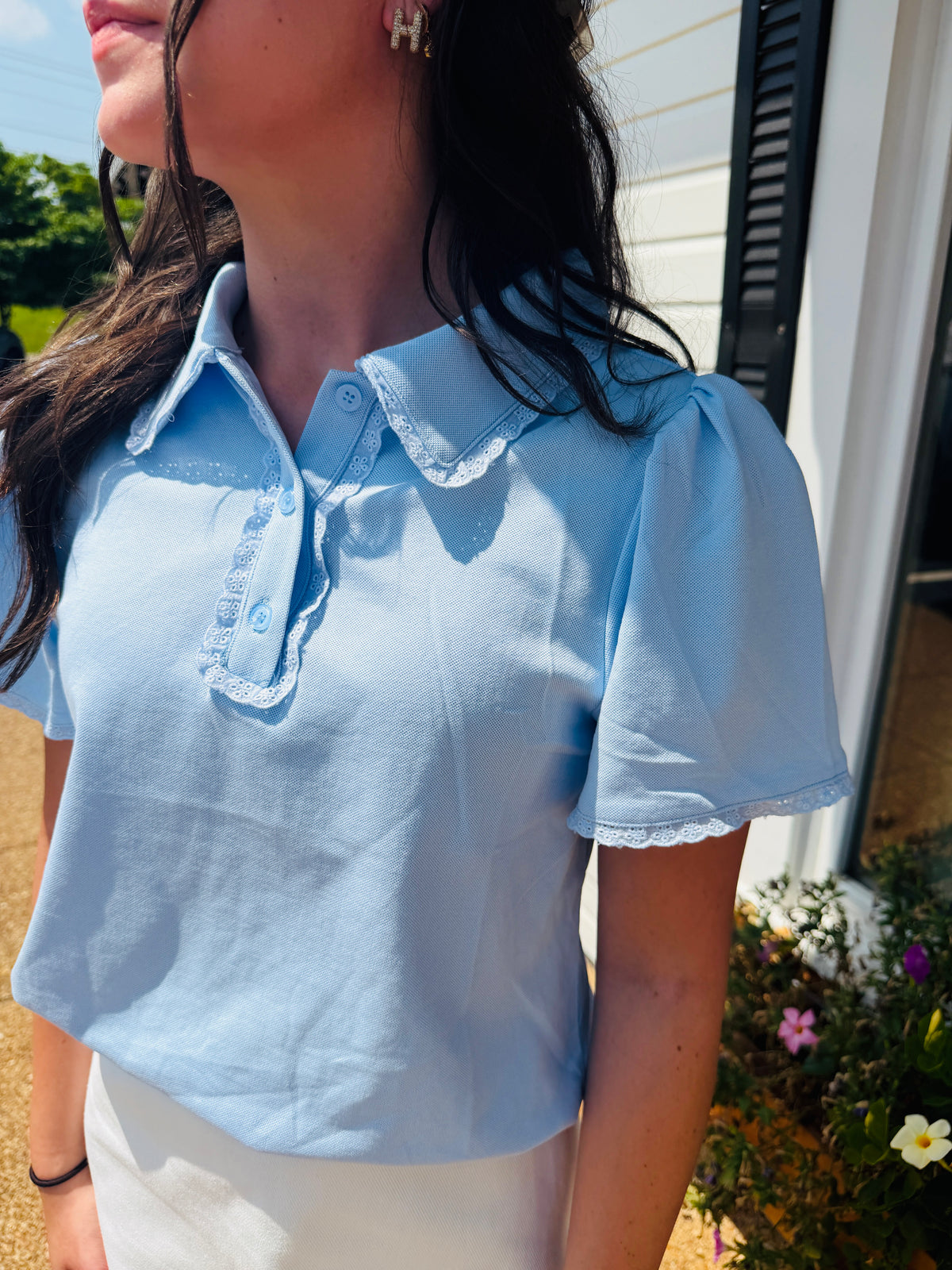 Collared Lace Trim Polo Top