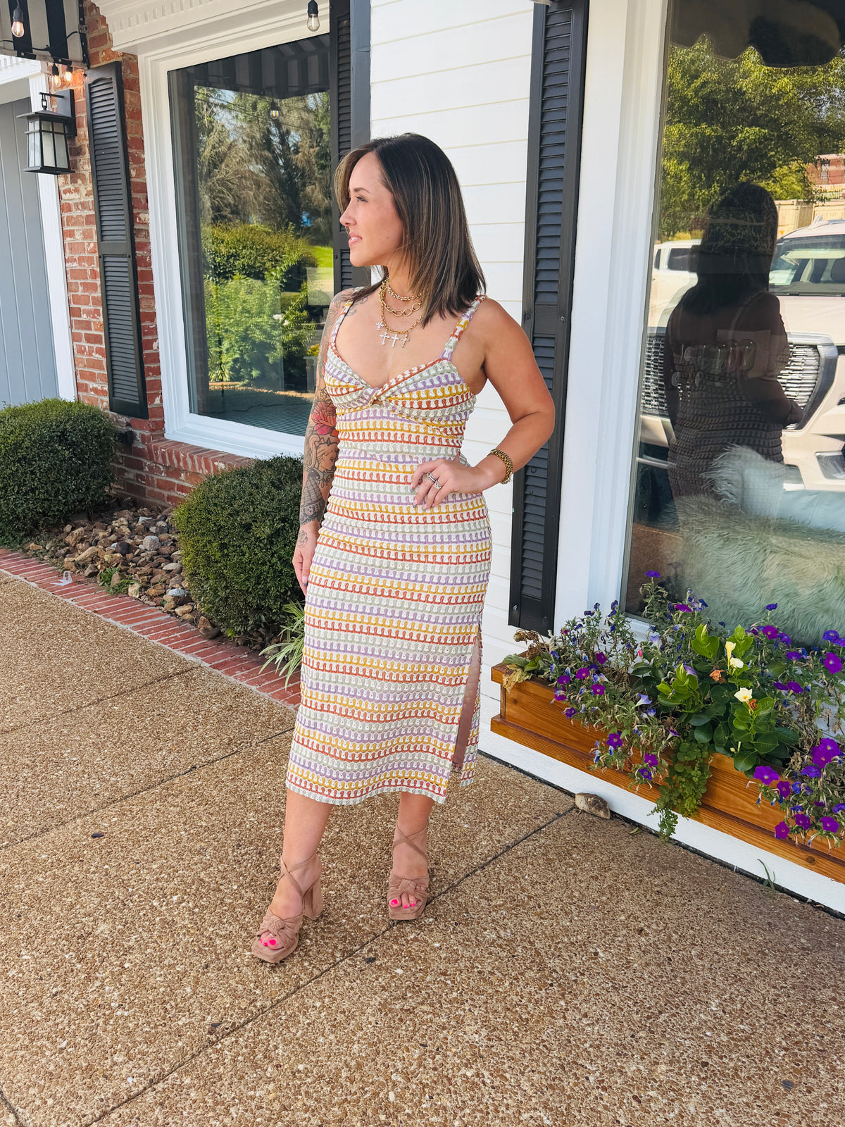 Front Twist Multi Color Crochet Midi Dress