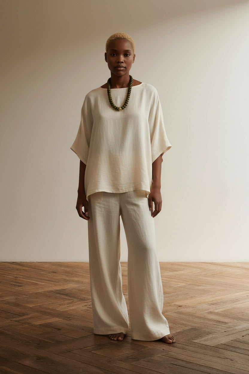 Full body view of the model wearing Beaded Olive Green Necklace