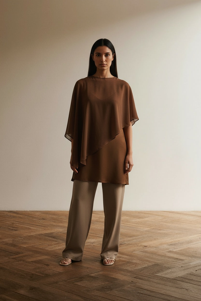 Full body view of the model wearing Satin Bias Slip Mini Dress With Sheer Cape