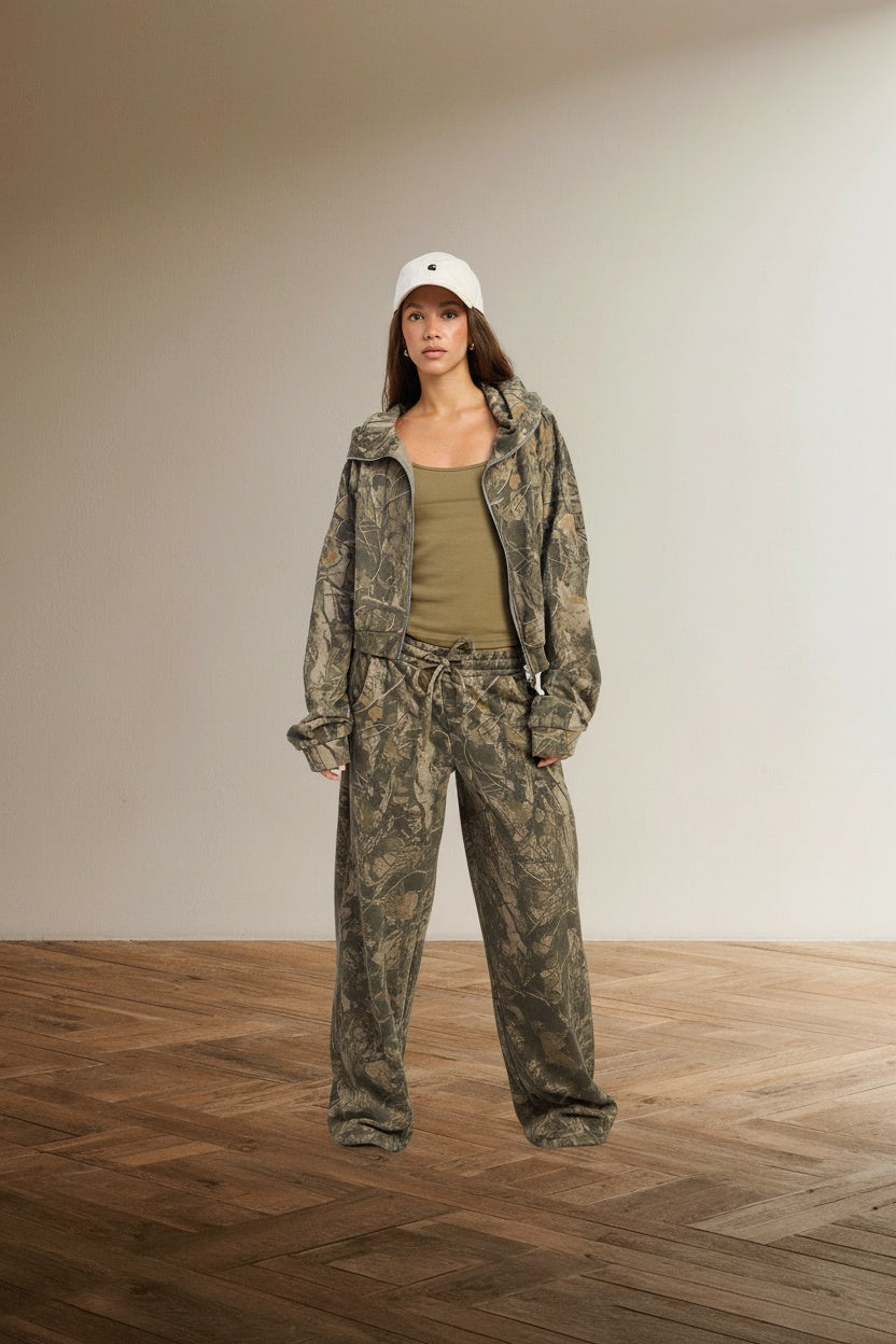 Full body view of the model wearing Zip Up Camo Jacket