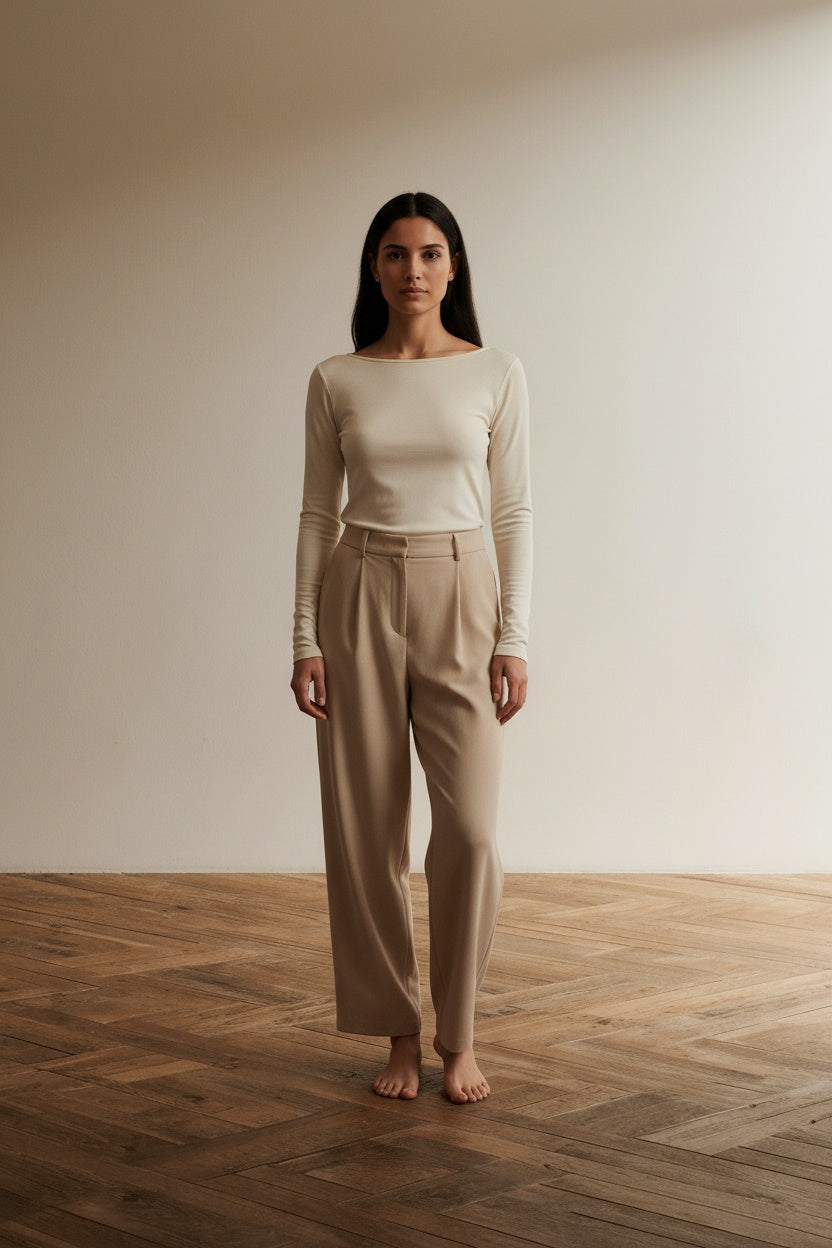 Full body view of the model wearing Dan Boat Neck Top - Bone