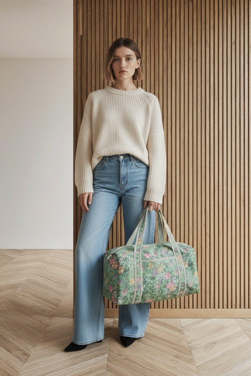 Full body view of the model wearing Handmade Quilted Cotton Duffle Bag, Block Printed Floral Weekender