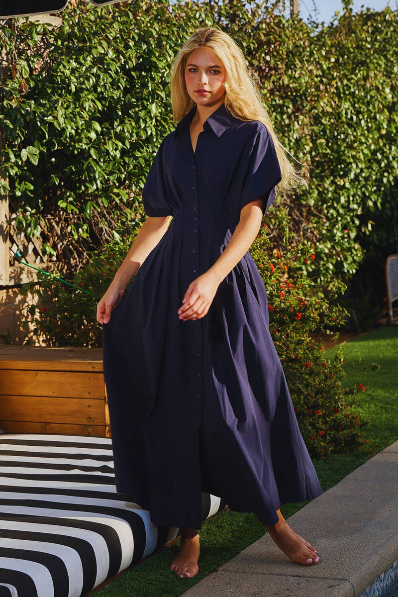 Button-Front Pleated Midi Shirt Dress