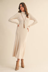 ID9660 MOCK NECK LONG SLEEVE RIB KNIT FLARED MIDI DRESS: CREAM / S