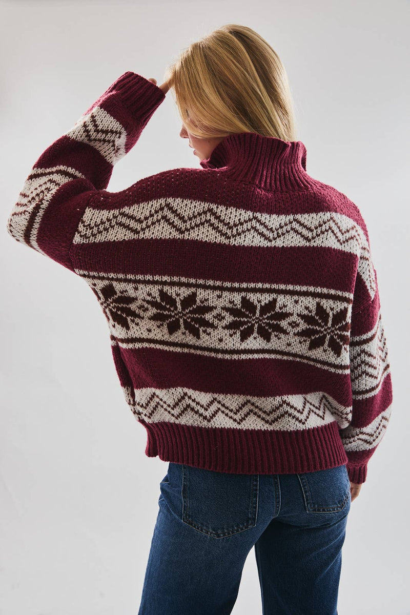 LONG SLEEVE COLLARED FAIR ISLE SWEATER JACKET: Brown-White Multi / S