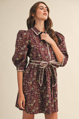BLANKET STITCH PUFF SLEEVE FLORAL MINI DRESS MDR4173: Plum Multi Floral / M