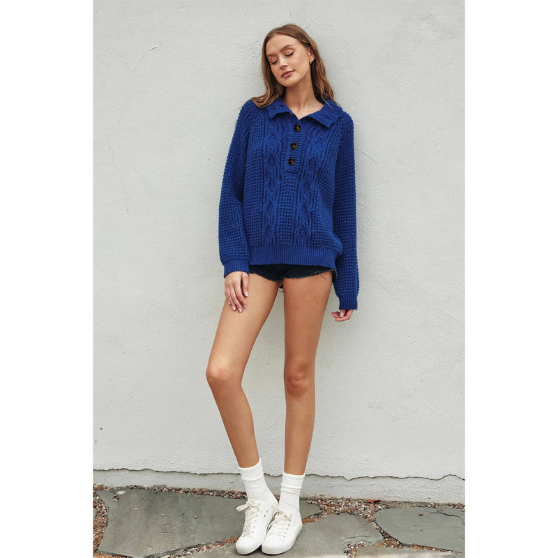 Cable Knit X Waffle Boxy Sweater: STAR SAPPHIRE