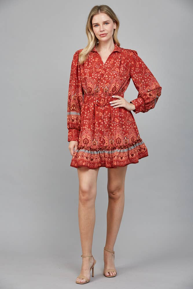 BORDER PRINT BUTTON FRONT MINI DRESS WITH SELF BELT FD34124: BRICK RED / S