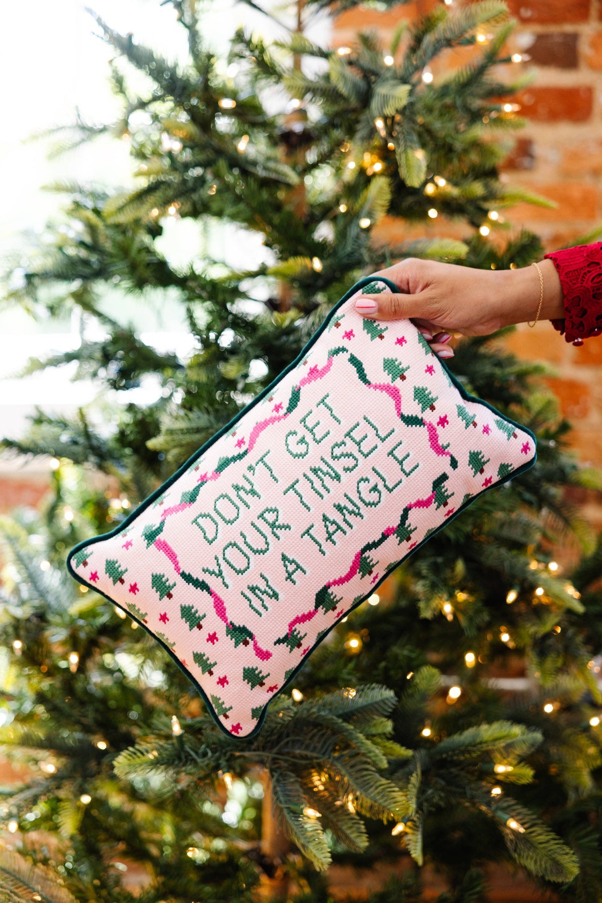 Tinsel in a Tangle Needlepoint Pillow