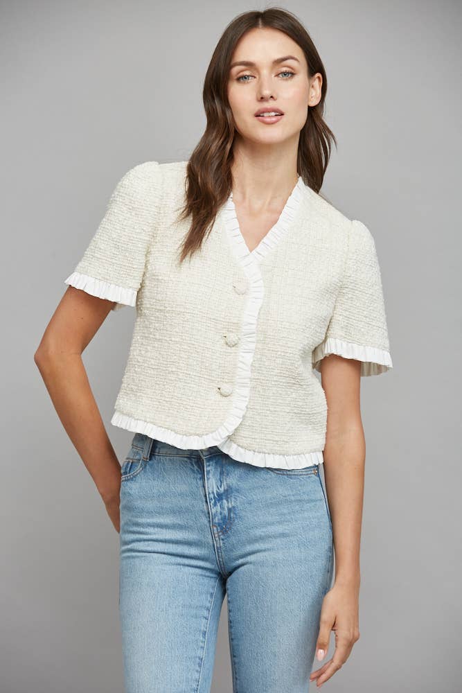 CONTRAST RUFFLE HEM DETAIL LUREX TWEED JACKET FJ70198: CREAM / S