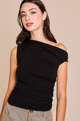 ASYMMETRICAL NECK SWEATER TOP: Black / S