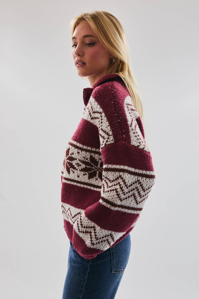 SWEATER JACKET: BURGUNDY-WHITE XS