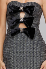 JD7868 - STRAPLESS MINI DRESS WITH VELVET BOWS: BLACK/ SILVER / S