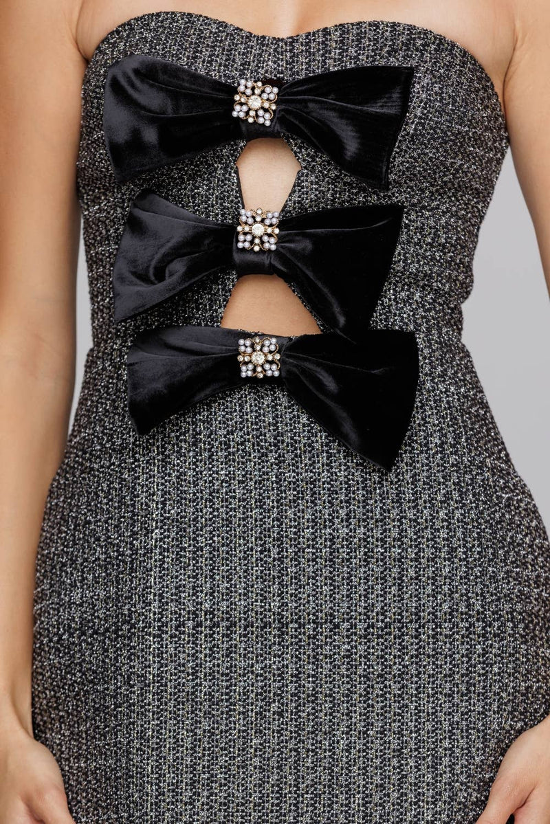 JD7868 - STRAPLESS MINI DRESS WITH VELVET BOWS: BLACK/ SILVER / S