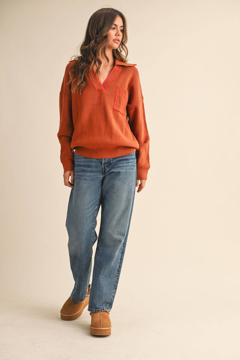 COLLARED SWEATER: Chocolate Ivory / S
