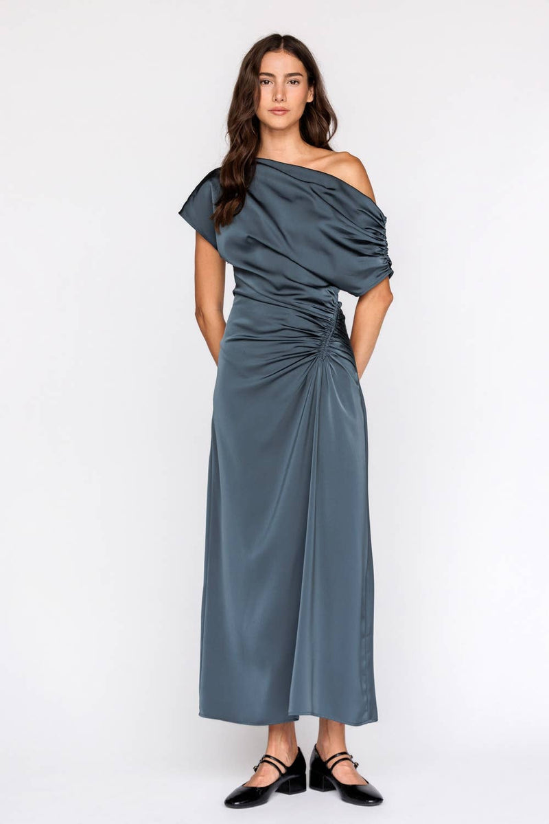 JD9203-ONE SHOULDER RUCHED MIDI DRESS: CHOCOLATE / M