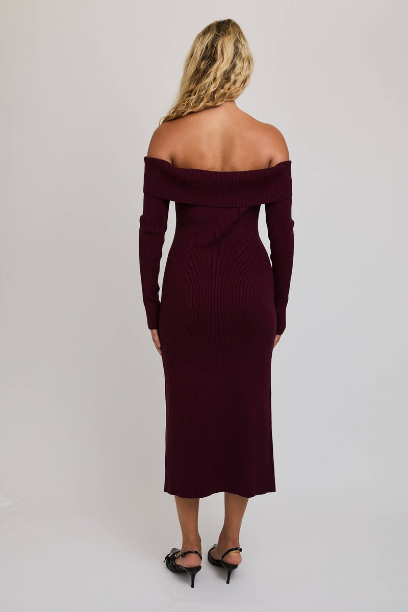 LONG SLEEVE MIDI DRESS: MAROON / XS