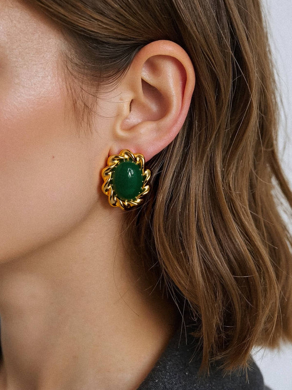 Eulie 18K Gold Non-Tarnish Vintage Stone Oval Earring: Green