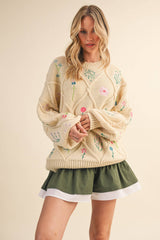 IT4253 MULTI FLORAL EMBROIDERED LATTICE CABLE SWEATER: NAVY / M
