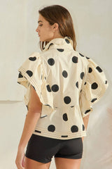 IT2337 Ruffle Sleeves Pintuck Detail Polka Dot Print top: CREAM/BLACK