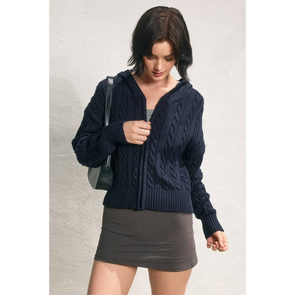 Cable Knit Hooded Zip Up Cardigan: NAVY