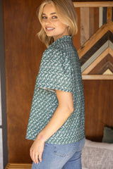 35967 Ruffled High Neck Abstract Printed Top: Dark Sage / L