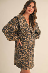 ID9370-A OVERSIZED COLLAR PUFF SLEEVES LEOPARD DENIM DRESS: LEOPARD / S