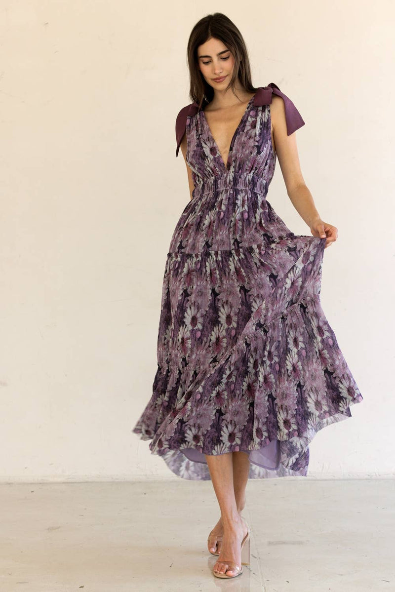 JD4447-14-FLORAL TIERED MAXI DRESS: PURPLE FLORAL / S