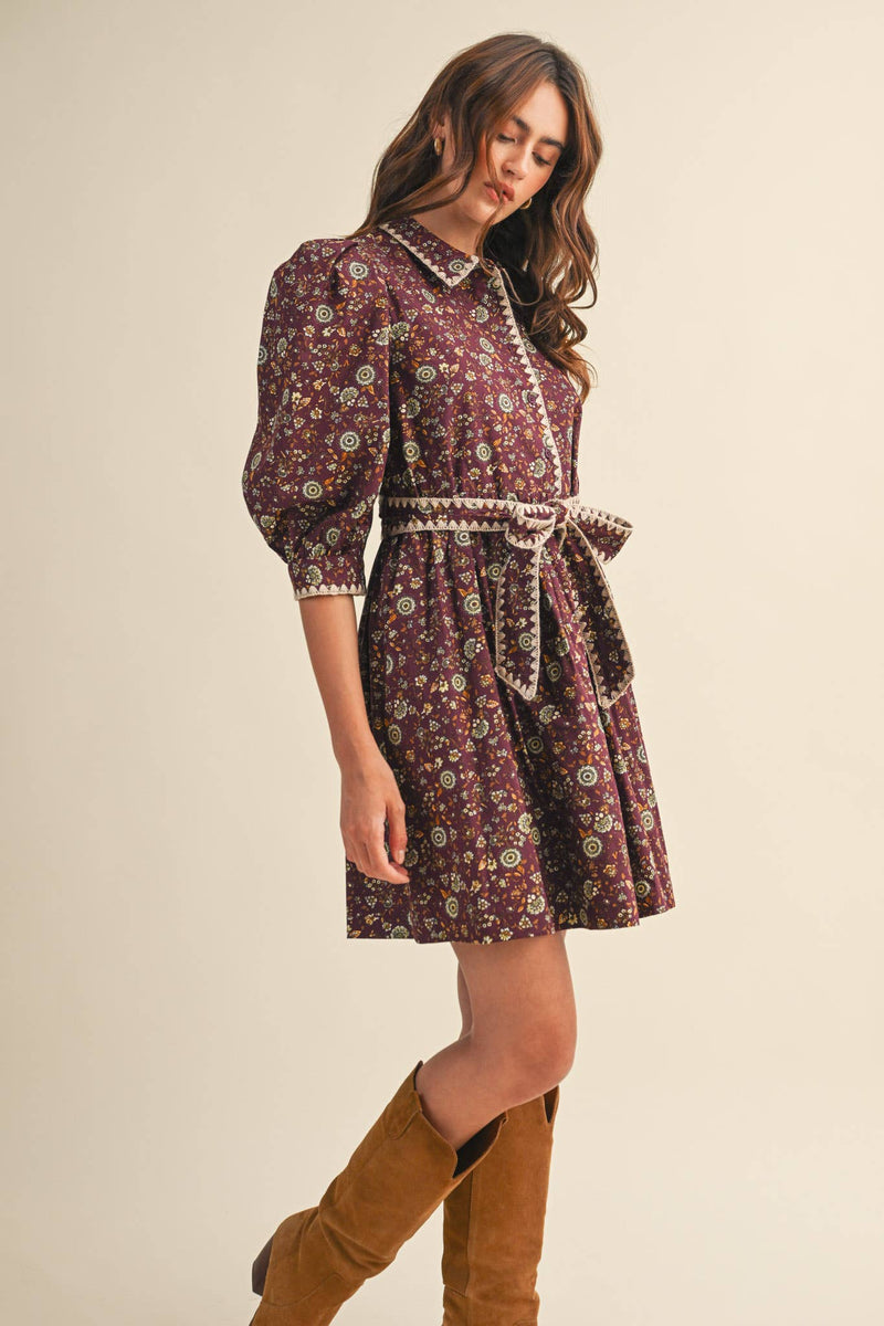 BLANKET STITCH PUFF SLEEVE FLORAL MINI DRESS MDR4173: Plum Multi Floral / M