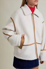 LAPEL COLLAR JACKET WITH LONG SLEEVE AND FRONT ZIP CLOSURE: IVORY-LT BROWN / S