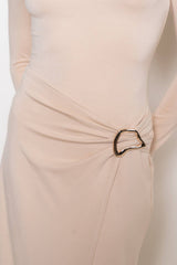 CHIC WRAP PANEL BUCKLE LONG SLEEVE MAXI DRESS-DD10840FO: NUDE / Contemporary / L