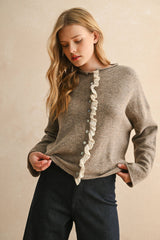 LACE TRIM KNITTED CARDIGAN: Black / M