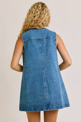 SLEEVELESS ROUND NECK BUTTON DOWN DENIM MINI DRESS: DENIM BLUE / L