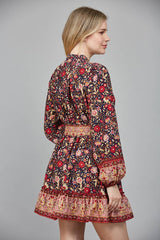 BORDER PRINT BELTED BUTTON DOWN MINI DRESS FD34104: NAVY MULTI / S