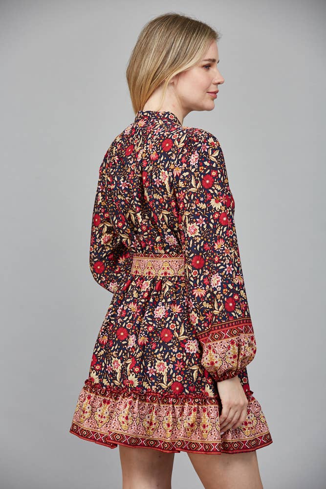 BORDER PRINT BELTED BUTTON DOWN MINI DRESS FD34104: NAVY MULTI / S