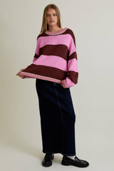 LONG SLEEVE DROP SHOULDER STRIPE SWEATER: PINK-BROWN STRIPE / S