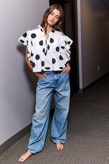 IT2337 Ruffle Sleeves Pintuck Detail Polka Dot Print top: CREAM/BLACK