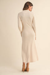 ID9660 MOCK NECK LONG SLEEVE RIB KNIT FLARED MIDI DRESS: CREAM / L