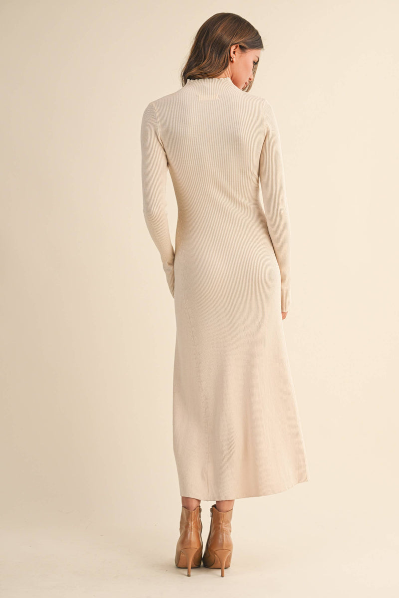 ID9660 MOCK NECK LONG SLEEVE RIB KNIT FLARED MIDI DRESS: CREAM / S
