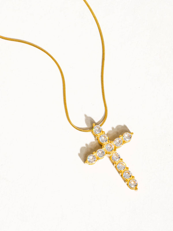 Raeven 18K Gold Non-Tarnish CZ Cross Necklace: Yellow Gold
