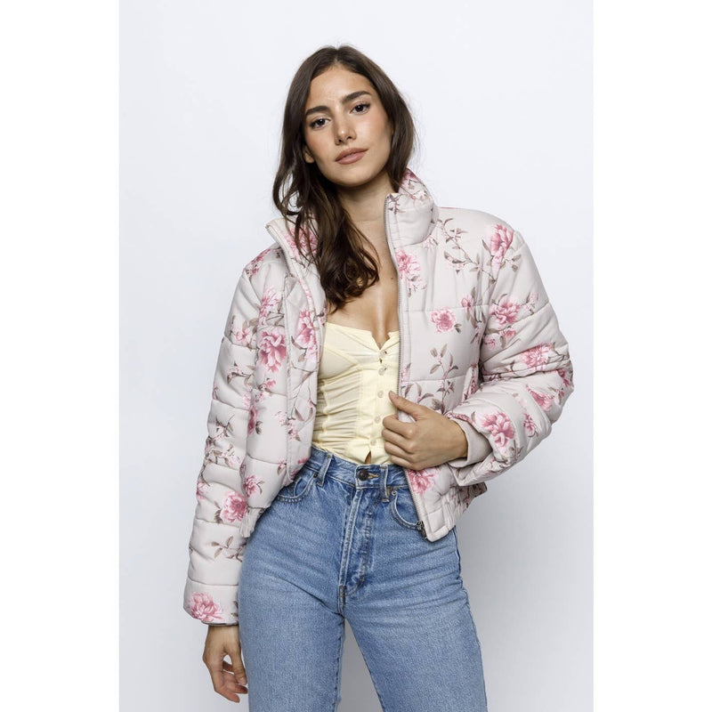 JT6514-1- ROMANTIC FLORAL PUFFER JACKET: PINK / L