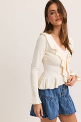 V-NECK RUFFLED SWEATER: CREAM / M