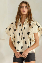 IT2337 Ruffle Sleeves Pintuck Detail Polka Dot Print top: CREAM/BLACK